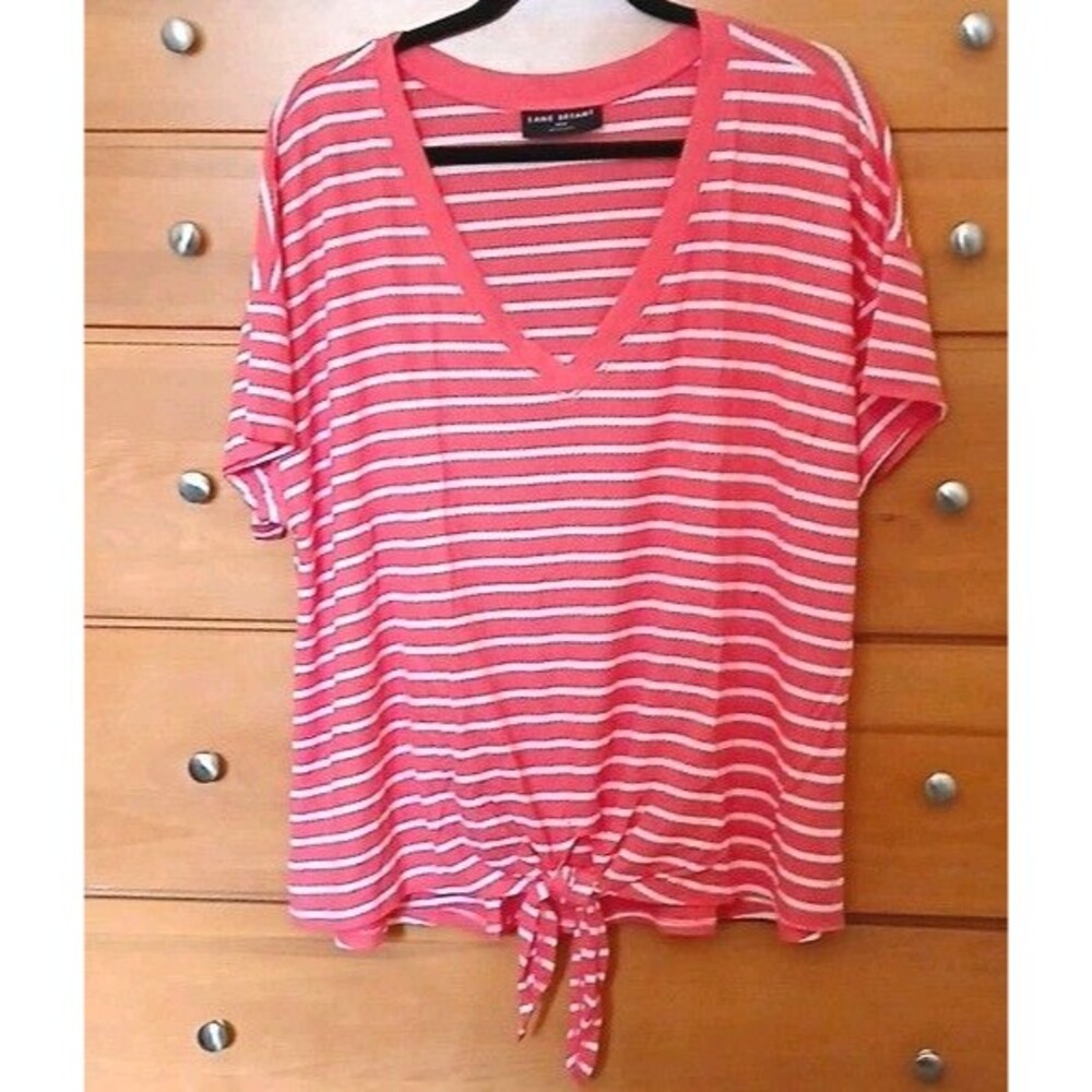 Lane Bryant Womens 22/24 Pink White Striped V-Neck Short Sleeve Tie Front Top